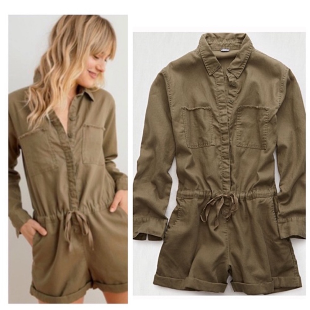 Aerie Soft Utility Twill Long Sleeve Romper